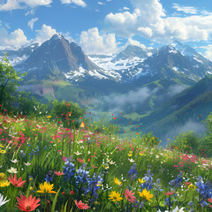  Scenic mountain landscape with colorful flowers and wildflowers in bloom.