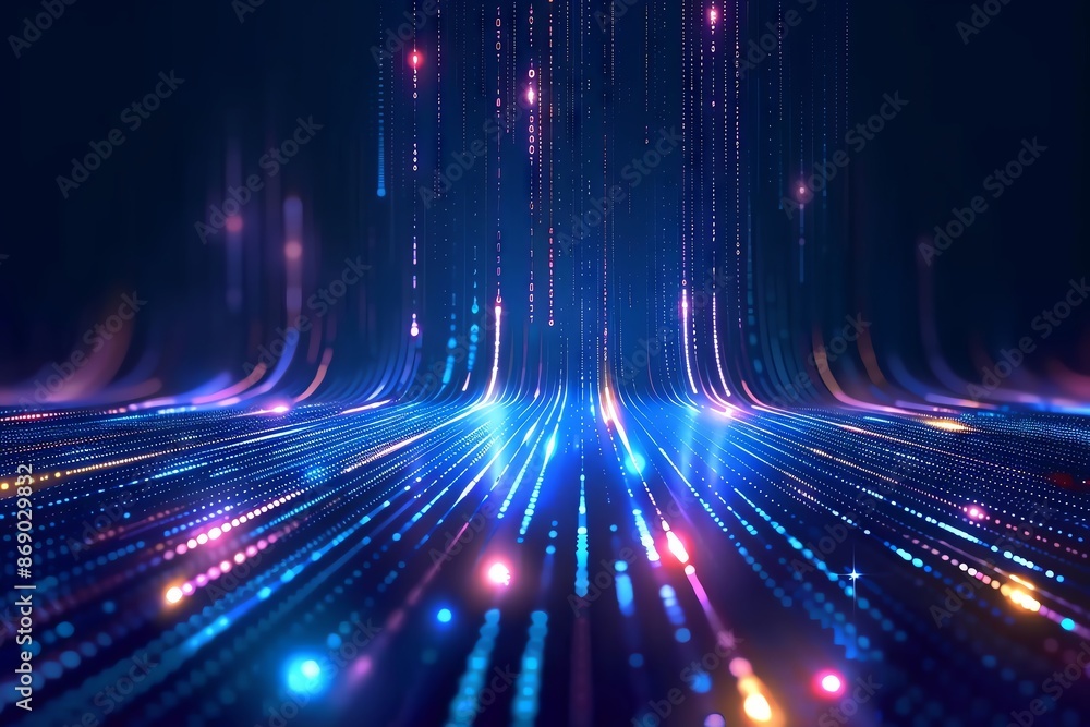 Poster abstract neon light lines and dots in dark space creating a futuristic, digital landscape. perfect f