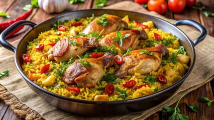 Savory Spanish-inspired delicacy featuring succulent chicken and rabbit pieces nestled amidst a flavorful bed of golden saffron-infused rice.