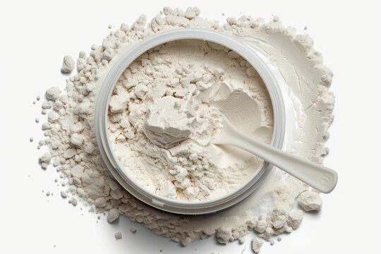 Top view of whey protein powder with scoop on white background