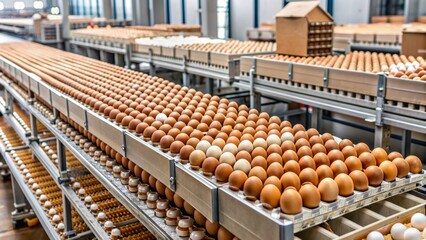 Rows of cardboard boxes stacked with brown and white chicken eggs on conveyer belts in a clean industrial facility.