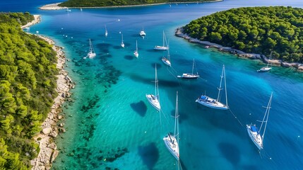 Fototapeta premium Aerial view of Rab Island beautiful coast with idyllic turquoise sea water bays in Dalmatia region of Croatia Sailboats moored in paradisiacal bays with wild beaches Drone top view pan : Generative AI