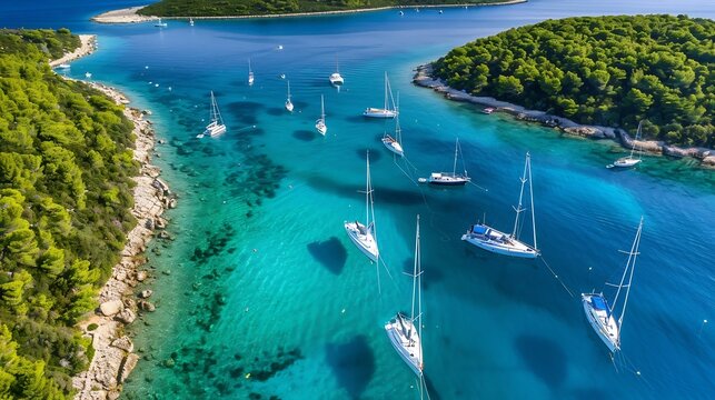 Aerial view of Rab Island beautiful coast with idyllic turquoise sea water bays in Dalmatia region of Croatia Sailboats moored in paradisiacal bays with wild beaches Drone top view pan : Generative AI