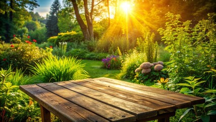 Naklejka premium Serene atmosphere with warm sunlight illuminating a rustic wooden table against a lush green garden backdrop of foliage and grass.