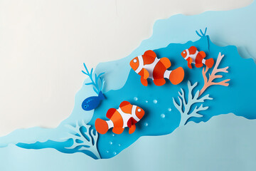 Coral and orange fishes , paper art style