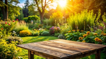 Fototapeta premium Rustic wooden table stands alone in a serene summer setting, surrounded by a blurred lush green backyard garden atmosphere.