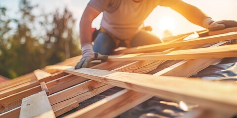 Focused on a wooden roof frame, a roofer works under the sunlight, demonstrating the importance of craftsmanship and precision in the task of roofing construction.