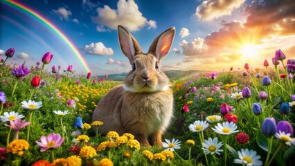 Fototapeta premium Delightful serene landscape featuring a joyful rabbit surrounded by vibrant rainbow-colored flowers in a lush green meadow.