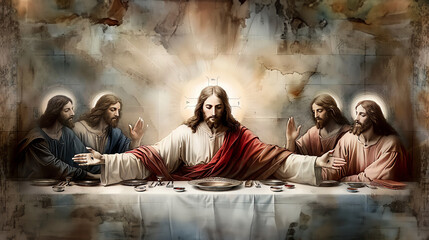 The Last Supper. Jesus. Maundy Holy Thursday. New Testament. Watercolor Biblical Illustration