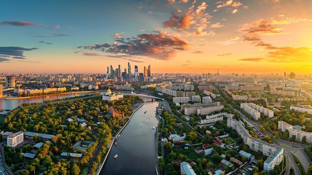 Panorama of Moscow at sunset Russia Nice landscape scenery of city park and Strogino district in Moscow northwest Aerial panoramic view of Moskva River bays Scenic Moscow skyline in su : Generative AI