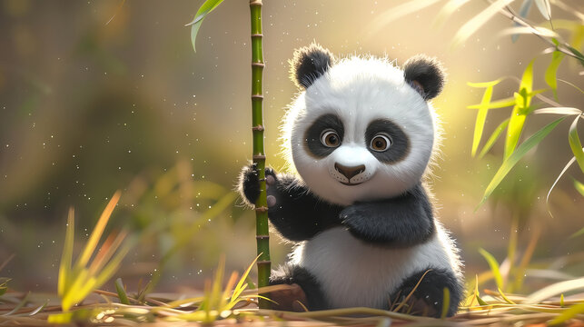 Fototapeta Cute Chinese giant panda and bamboo forest, panda baby sitting wallpaper