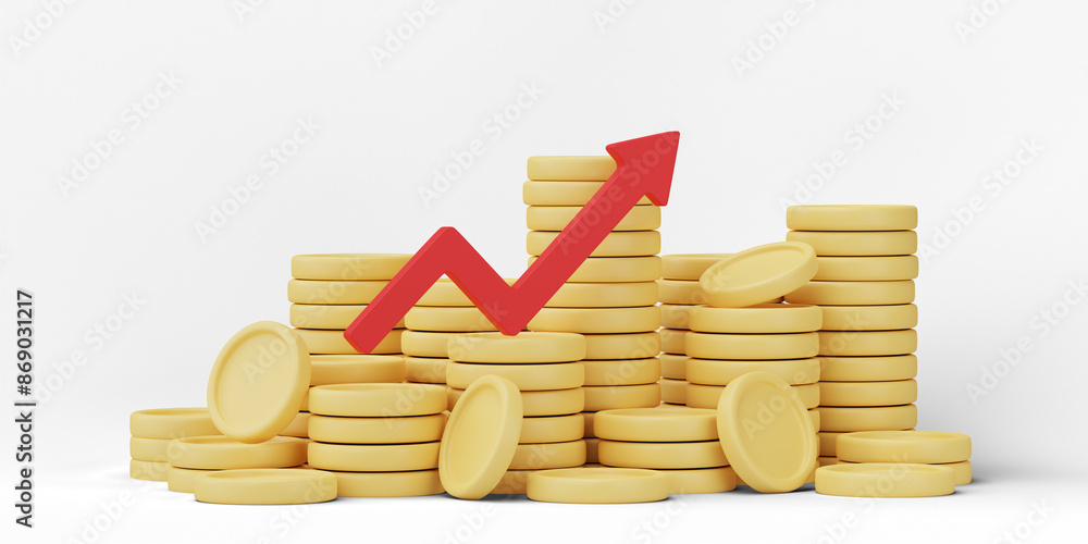 Poster golden coins stack isolated on transparent png background. 3d render.