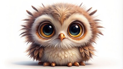 Fototapeta premium Adorable cartoon owl chick with big round eyes and fluffy feathers perched alone on a soft white background.