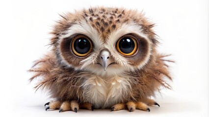 Obraz premium Adorable fluffy young owl chick with big round eyes and tiny wings sitting alone on a white background isolated.