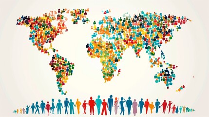 Fototapeta premium World Population Day Creative World Map Built from Diverse Human Silhouettes Reflecting Global Population Trends Cultural Unity and Inclusion