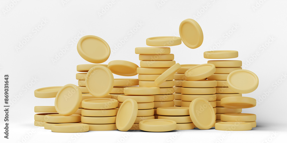 Poster golden coins stack isolated on transparent png background. 3d render.