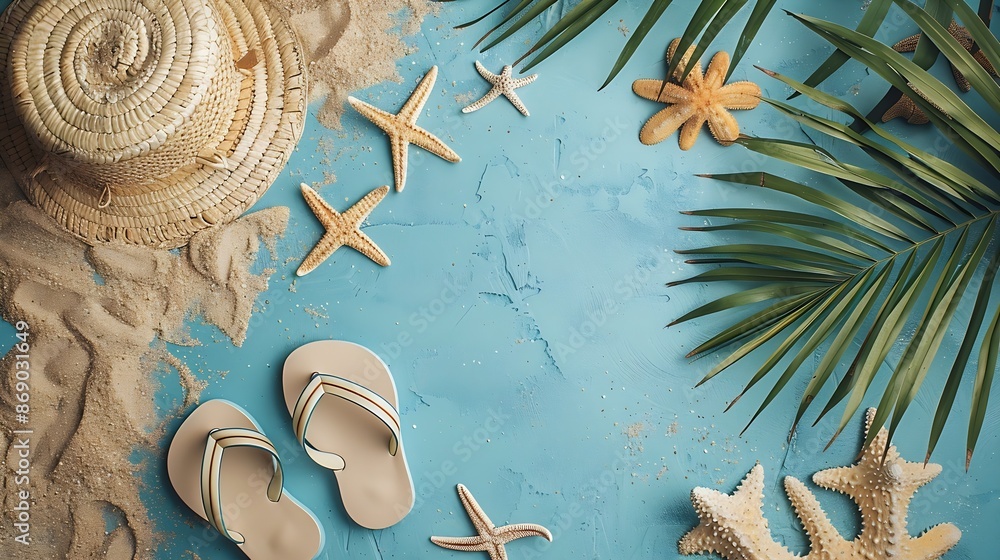 Aufkleber Top view composition of flip flops placed with beach accessories top view on table background Tropical summer vacation concept Flat lay : Generative AI