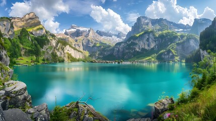 Fototapeta premium Scenic panoramic view of Oeschinen Lake and village Kandersteg in Bernese Alps Switzerland : Generative AI