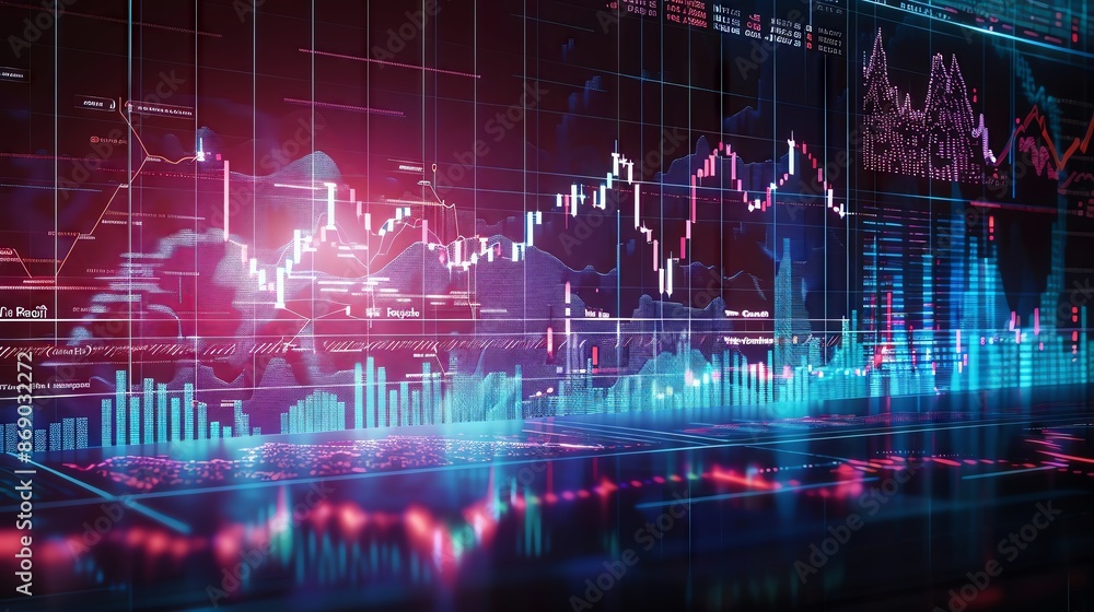 Poster stock market analysis concept with illuminated financial graphs and charts, showcasing data trends a