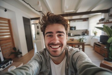 Obraz premium Handsome caucasian man taking a selfie indoor at home