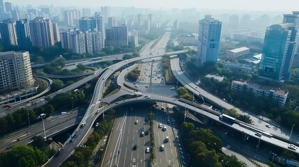 Top up aerial drone view of elevated road and traffic junctions in Chinese metropolis city Chengdu...