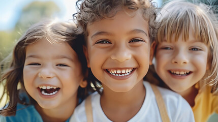 Three happy children smiling and laughing outdoors on a sunny day, showcasing joy and friendship.