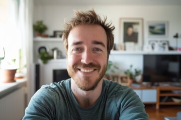 Obraz premium Handsome caucasian man taking a selfie indoor at home