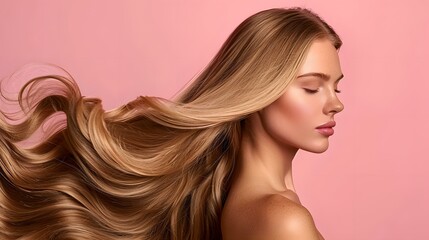 Naklejka premium Woman With Long Blonde Hair Posing Against Pink Background