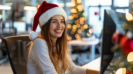 Holidays at work with a business woman celebrating Christmas at office with a red Christmas Santa hat