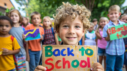 Happy schoolboy with a board written back to school , caucasian boy returning to school