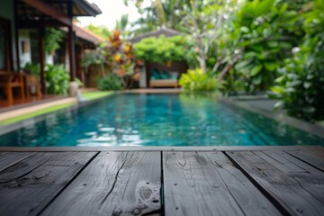 Fototapeta premium Tranquil backyard pool oasis at a lush retreat