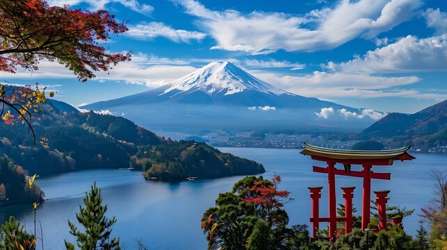 Mount Fuji Japan Lake Ashi view in Hakone : Generative AI