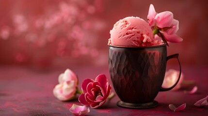 Watermelon ice cream with chestnut flowers in a moscow mule glass maroon background