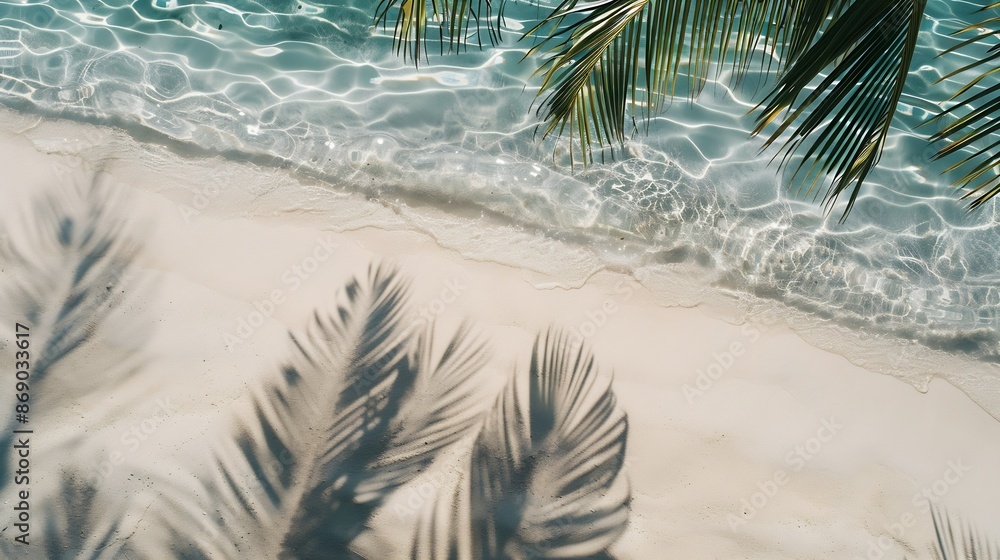 Poster empty abstract sand beach with palm leaf shadow and transparent water wave from above blank background banner for travel vacation and wellbeing with copy space : Generative AI