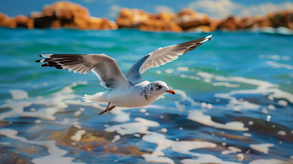 Obraz premium Seagull flying over blue water, AI Generative.