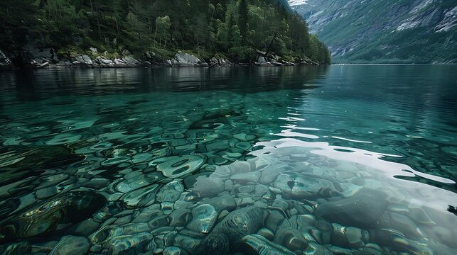 Deep lake with clean transparent water The smooth surface of the water reflects protected forests Norway Eidsvatnet most beautiful Norwegian lakes : Generative AI
