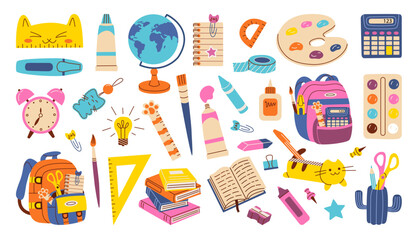 School supplies set. Backpack, book, globe, paints, ruler, pen, pencil, calculator, pencil box, brushes, glue. Vector illustration for study, school, university.