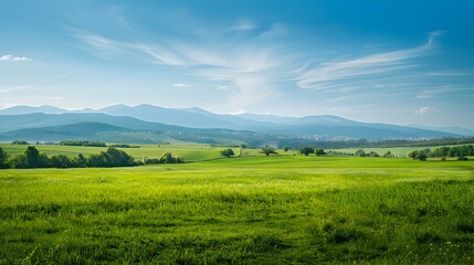 Fototapeta premium Landscape with endless meadows and distant mountains image