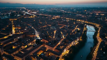 Aerial evening panorama of the historic center of Verona Italy Aerial view of night city center of Verona Italy Sunset over the city of Verona : Generative AI