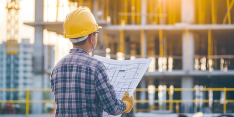An engineer intently examines blueprints on a construction site, donning a yellow safety helmet and a flannel shirt, ensuring every architectural detail is met with precision.