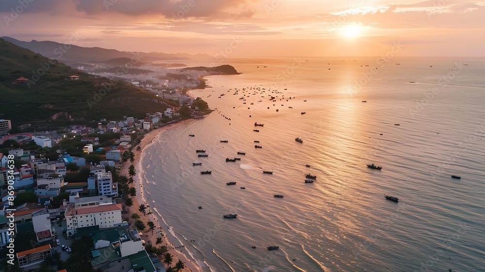 Poster vung tau city aerial view with beautiful sunset and so many boats panoramic coastal vung tau view fr