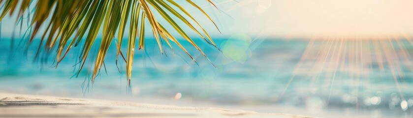 Obraz premium Beautiful tropical beach with palm leaves, crystal clear blue water, and sunlight streaming down, perfect summer paradise vacation getaway.