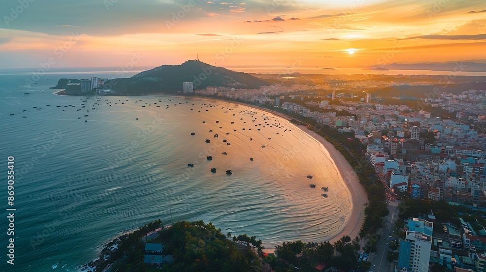 Poster vung tau city aerial view with beautiful sunset and so many boats panoramic coastal vung tau view fr
