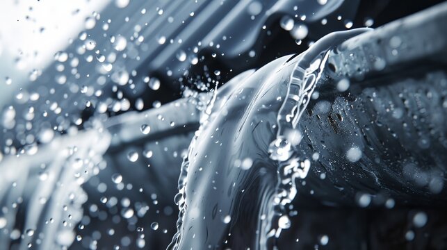 Realistic rainwater flowing into a gutter, detailed splashes, wet surface reflections, dynamic motion, intricate and lifelike