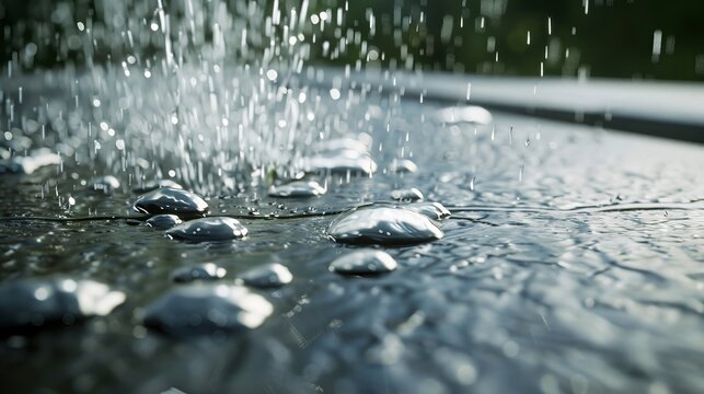 Realistic rainwater flowing into a gutter, detailed splashes, wet surface reflections, dynamic motion, intricate and lifelike