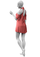 Detailed gray female mannequin wears a shiny red dress. Soft wavy folds on smooth shiny red dress. Abstract female fashion, 3D Illustration.