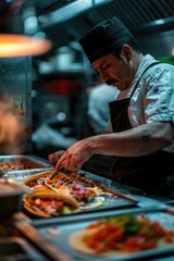 Obraz premium Chef preparing meal in restaurant kitchen