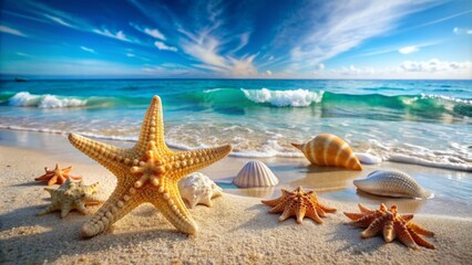 Delicate seashells and starfish scattered on pristine sandy beach with gentle ocean waves softly focusing into a serene blue background.