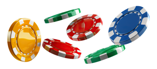 Colorful casino chips falling in the air, cut out