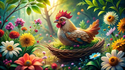 Fototapeta premium A colorful whimsical illustration of a happy hen bird sitting on a nest surrounded by lush greenery and vibrant flowers alone.